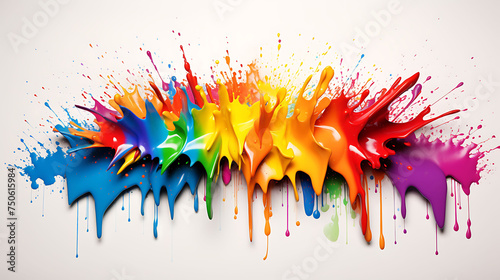 A rainbow of paint splatters against a white wall, each droplet a burst of energy and creativity