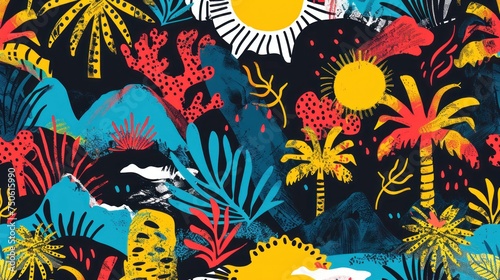 Tropical seamless pattern with palm trees, mountains and sun in dark cyan and yellow colors banner © Mariia