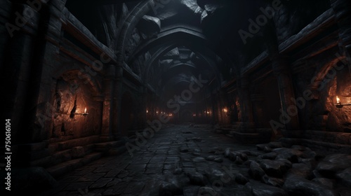 Scary endless medieval catacombs with torches. Mystical nightmare concept. 3D Rendering.