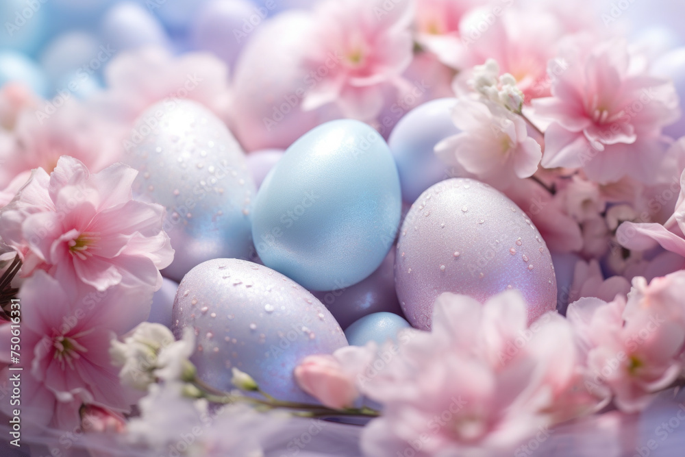 Beautiful composition in pastel colors made of decorative easter eggs with pink flowers. Holiday concept background.