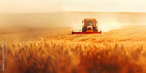 Agriculture machinery cutting the ripe wheat at sunset generative ai,Combine harvester harvests ripe wheat. ripe ears of gold field on the sunset cloudy orange sky background. . concept of a rich harv photo