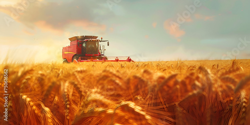 Combine harvester harvests ripe generative ai,Grain harvesting combine in a sunny day yellow field with grain agricultural technic works in field
 photo