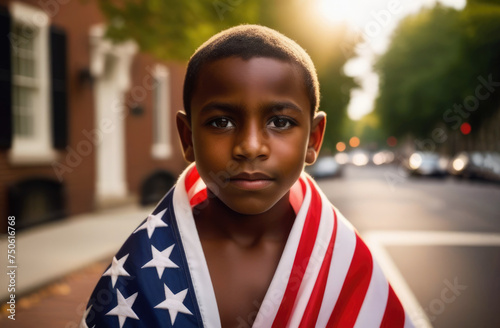 A dark-skinned boy wrapped in an American flag on a summer afternoon outside. Patriotism and celebration of US independence. Happy children of america, future, younger generation photo