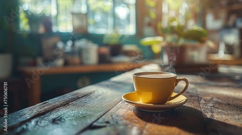 Cup of coffee and smoke from morning coffee With warm sunlight, blurry background generate ai