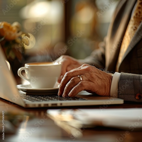 Entrepreneurial Spirit: Close-up of a person's hands typing on a laptop with a coffee cup, capturing the essence of entrepreneurship