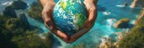 hands cradling a vibrant, detailed globe, highlighting greenery and oceans, which could be used for environmental campaigns or educational materials to emphasize the care for our planet on Earth Day