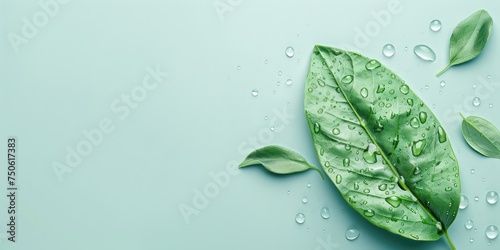 A leaf with water droplets on a light blue background, providing a clean and refreshing image ideal for spa or wellness advertisements and environmental conservation messages.