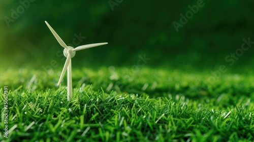 A small white windmill on vibrant green grass under soft lighting, ideal for illustrating renewable energy solutions or Earth Day promotions. photo