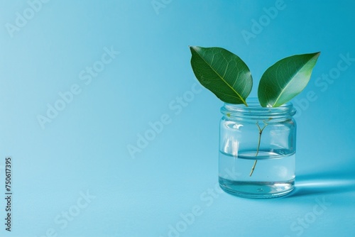 glass jar filled with clean water and a leaf inside, against a blue background, representing the simplicity of nature and the importance of water conservation, ideal for promoting sustainable living 