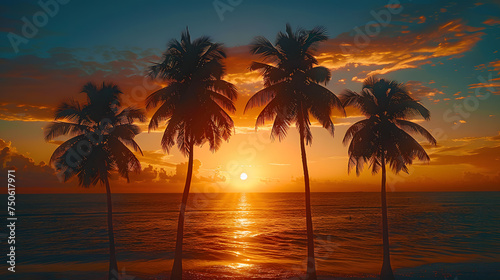 A photo featuring the silhouettes of palm trees swaying in the gentle breeze against the backdrop of a breathtaking sunrise over the ocean. Highlighting the tranquil paradise of a tropical morning and © CanvasPixelDreams
