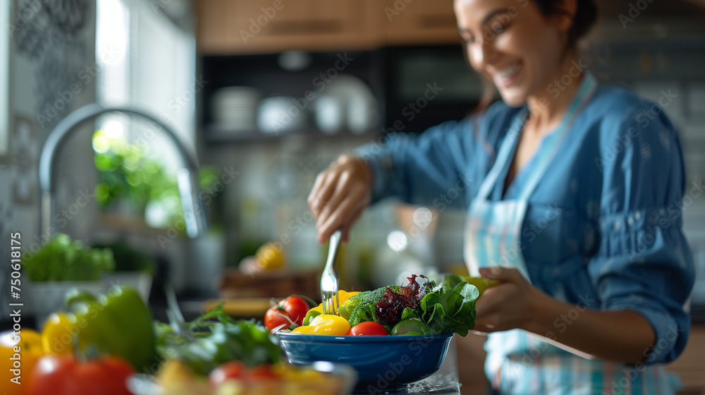 A home health aide preparing a healthy meal in the kitchen with a patient, emphasizing the importance of diet, health visitor at home, blurred background, with copy space