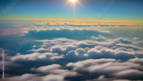 Aerial enchantment: dawn's first light paints the sky with hues of blue, a breathtaking vista above the clouds. Beautiful nature concept. High-quality video. Timelapse. Blue sky background. 4K UHD.
