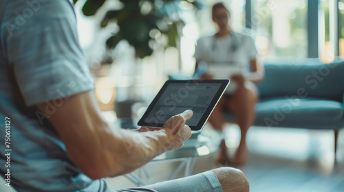 A health professional using a tablet to show a patient rehabilitation exercises in a comfortable home setting, health visitor at home, blurred background, with copy space