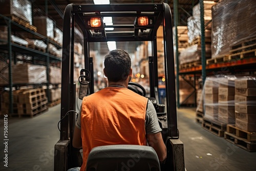 behind Young man driving forklift in factory