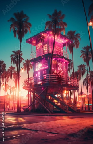 A beautiful sunset on the beach building house with neon lighting