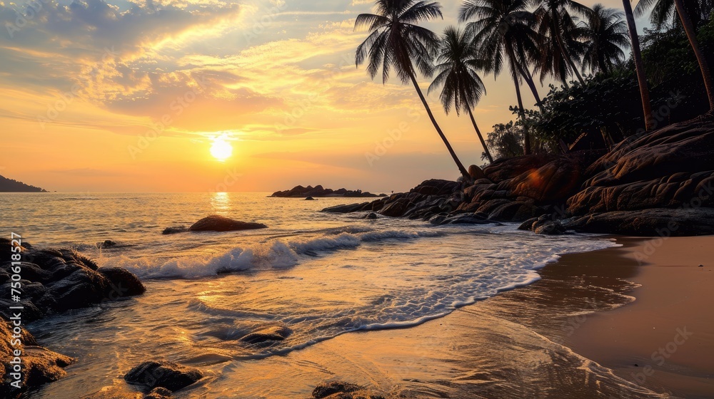 Coconut trees on the beach sunset in Thailand