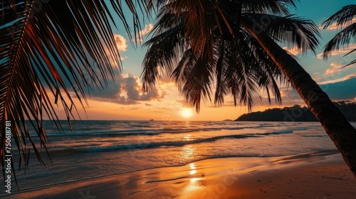 Coconut trees on the beach sunset in Thailand