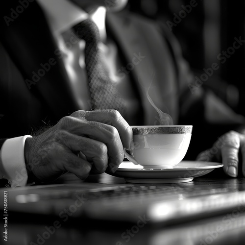 Entrepreneurial Spirit: Close-up of a person's hands typing on a laptop with a coffee cup, capturing the essence of entrepreneurship