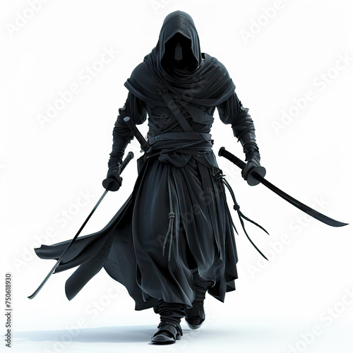 Shadow Assassin: A stealthy rogue dressed in dark, hooded robes, wielding twin daggers. 3d render in minimal style isolated on white backdrop