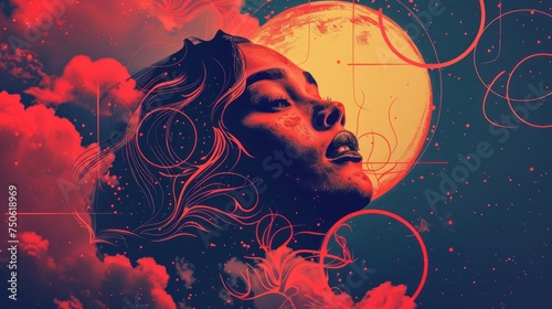 Hyper-realistic retro portrait of woman's face and moon on abstract red and blue background with sky and clouds, banner in a retro collafe style