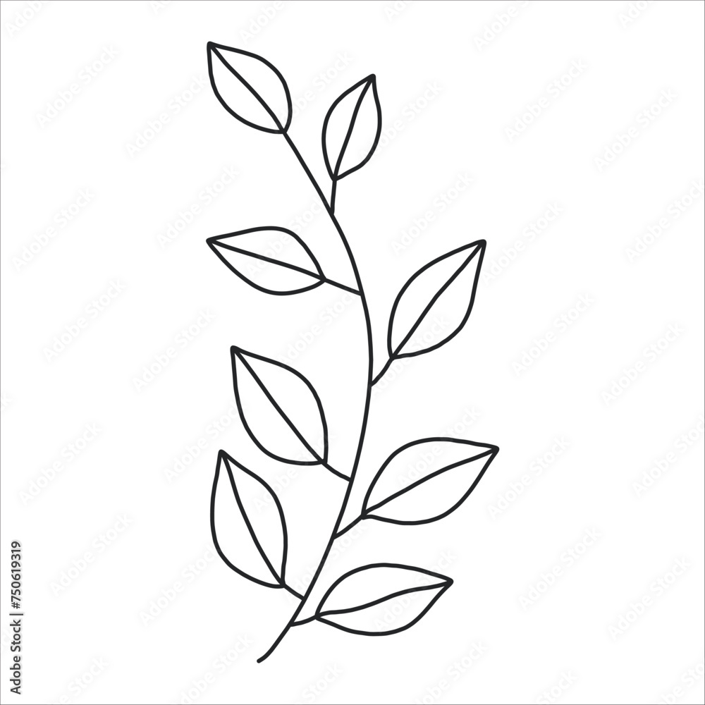 Black silhouette of a plant branch. Flower branch in outline style hand drawn on isolated white background. Vector stock illustration. Minimal line art for print, cover or tattoo. Black silhouette of a plant branch. Flower branch in outline style hand drawn on isolated white background. Vector stock illustration. Minimal line art for print, cover or tattoo.