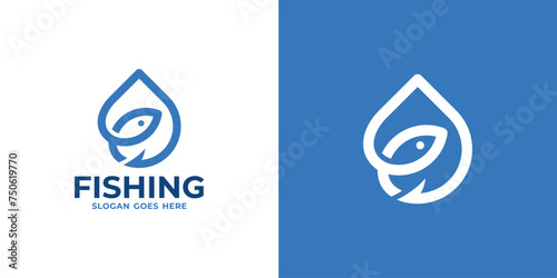 Simple Fishing Logo. Water Drop and Hook Eye Fish Hunter Logo Design Template. 