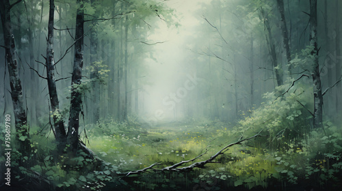 Art misty green dense forest a gloomy dream