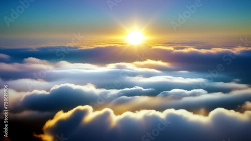 Vivid daylight hues cascade over clouds, a breathtaking aerial vista unfolds. Nature concept. High-quality video. Time lapse. Loop of sky background. 4K UHD.
