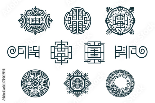 Chinese ornament icons  isolated set. Vector illustration for surface design, greeting cards, tattoo and print. 