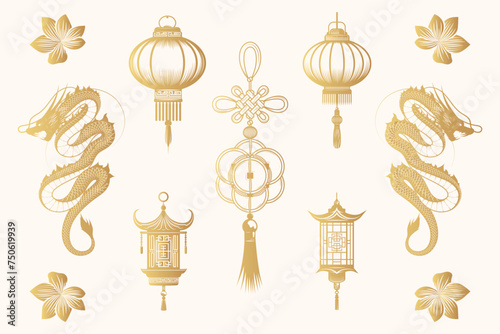 Chinese lanterns golden  collection. Hand drawn isolated set of traditional Feng Shui symbols and decor elements isolated on white background. Vector illustration for greeting cards and print.