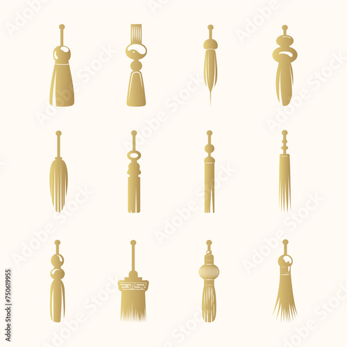 Twelve  golden chinese tassels for good luck. Isolated set of feng shui design elements. Vector illustration for printing on t-shirts and cards.