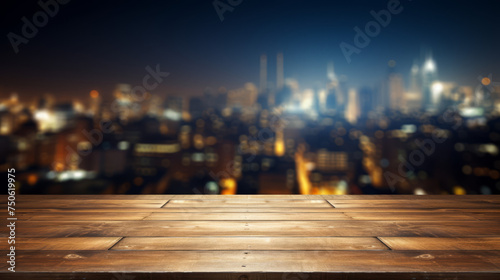 Grunge natural wooden desk top with copy space for product advertising over night city background