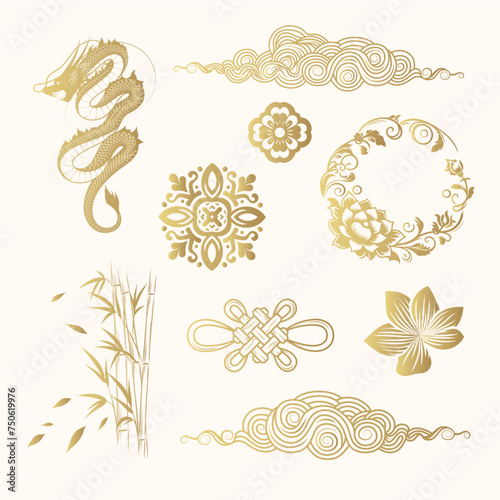 Golden set of traditional feng shui symbols: dragon, bamboo, cloud, knot and other. Isolated set of design elements. Vector illustration for printing on t-shirts and cards.