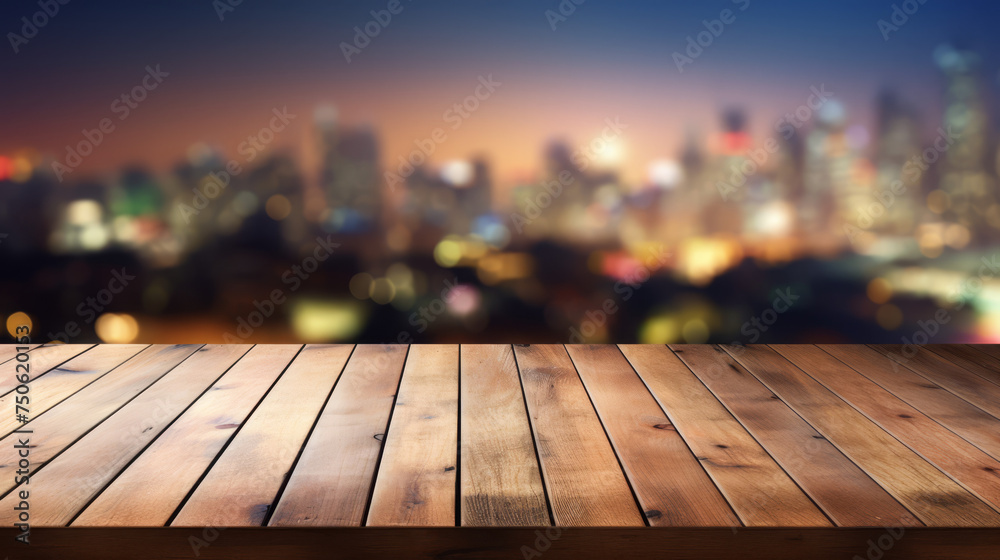 Grunge natural wooden desk top with copy space for product advertising over blurred neon city background Grunge natural wooden desk top with copy space for product advertising over blurred neon city background