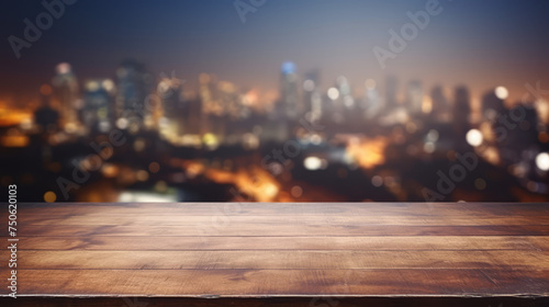 Grunge natural wooden desk top with copy space for product advertising over blurred neon city background