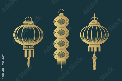 Three golden silhouettes of Chinese traditional lanterns.  Hand drawn collection of Feng Shui symbols.Vector illustration for greeting cards and print.