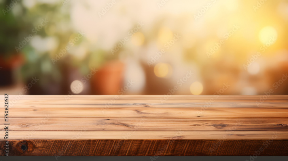 Grunge natural wooden table top with copy space for product advertising over blurred kitchen background at home