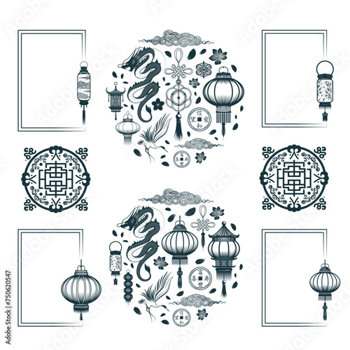 Large vector isolated set of frames, ornaments and feng shui symbols for Chinese themed design, tattoos and prints.