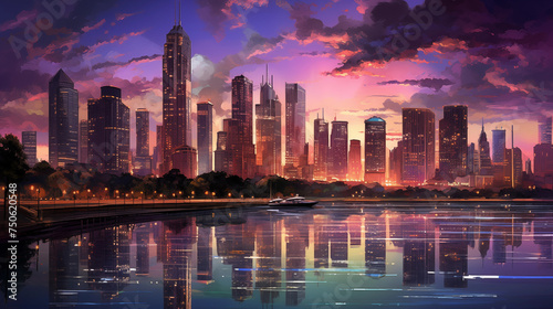skyline at sunset, futuristic concept, AI generated 