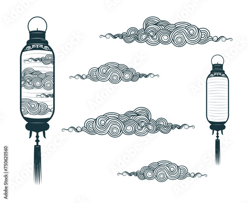 Chinese lanterns with tassels and clouds. Hand drawn vector illustration for Chinese themed design, tattoos and prints.