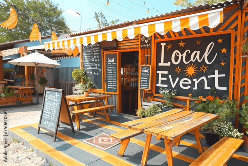Inviting local event sign at a cozy café entrance with outdoor seating