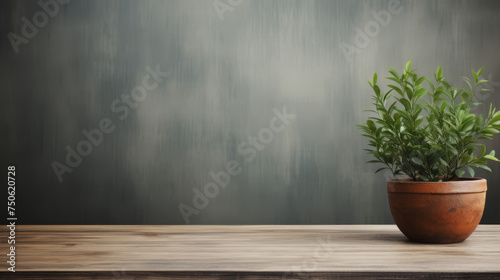Grunge natural wooden desk top with a little plant with copy space for product advertising over blurred gunmetal background