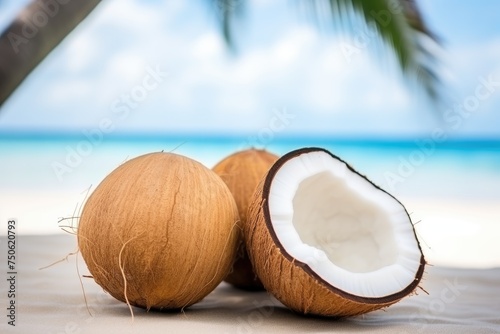 Fresh coconuts on a sand background 