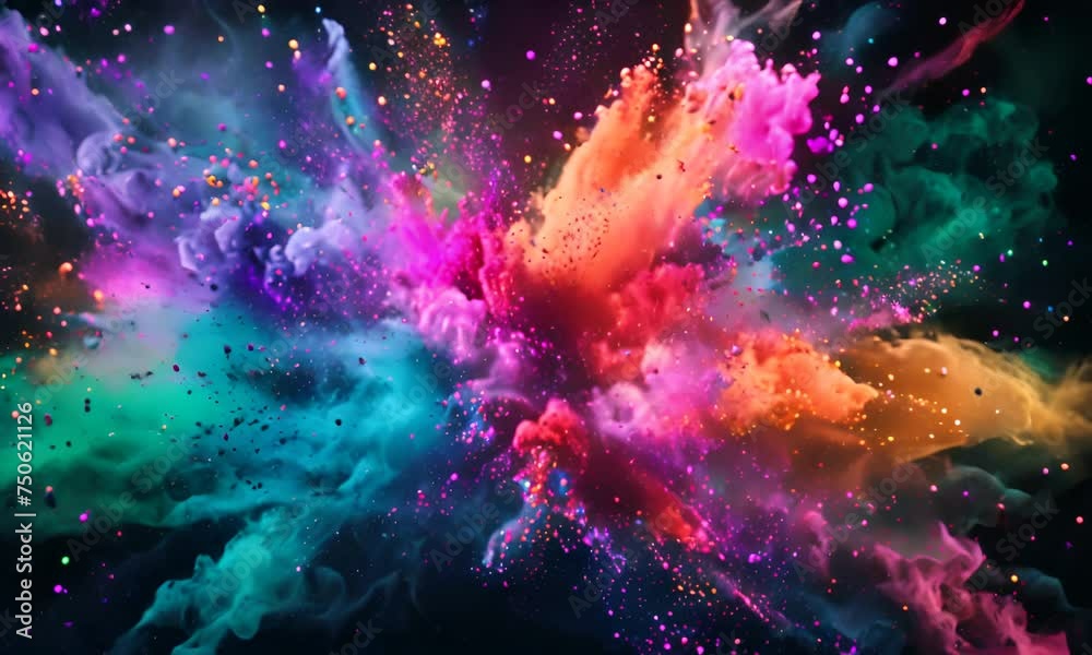 Explosion of bright colorful paint on black background, burst of multicolored powder, abstract pattern of colored dust splash 4K Video