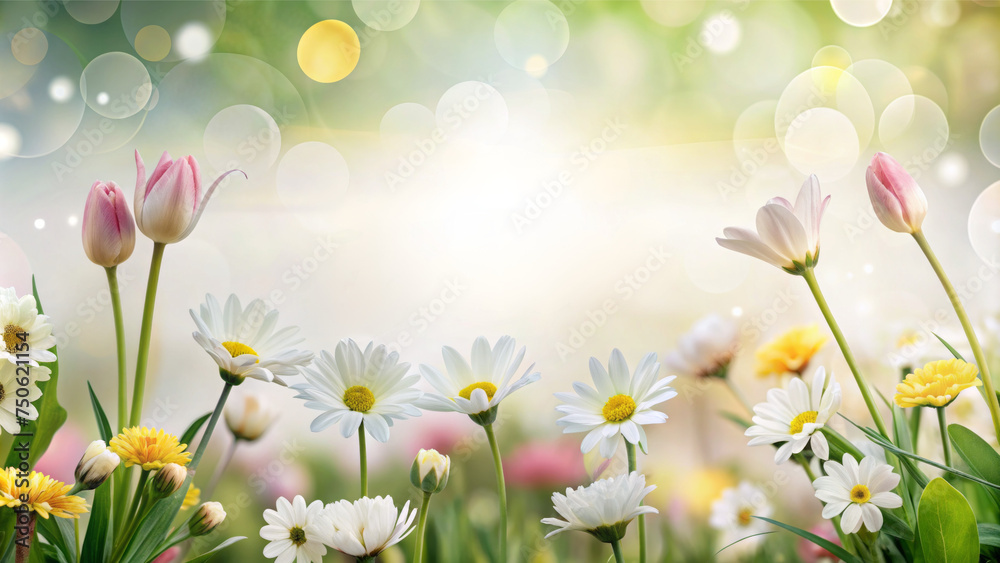 Banner with spring flowers background. Greeting card.