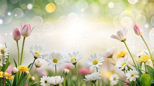Banner with spring flowers background. Greeting card. © Anna