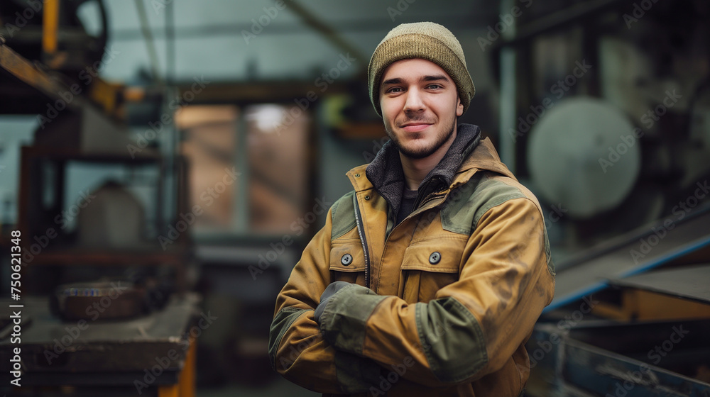 portrait of a worker in a factory standing and smiling at camera