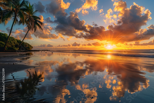 Beautiful tropical beach landscape of clouds reflecting in the water at sunset. Nature concept