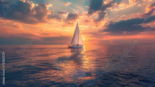 a sailboat in the middle of the ocean at sunset