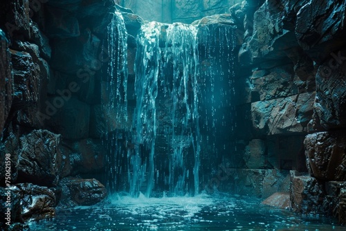 The hero bravely enters the secret lair, concealed by the cascading water, to face the malevolent sorcerer within. photo